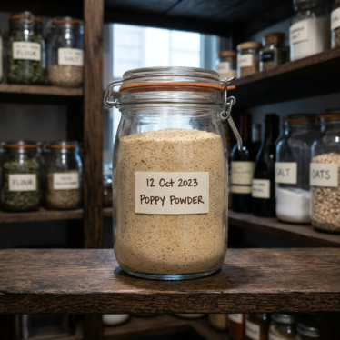 Airtight glass jar of poppy powder stored on a cool, dark pantry shelf with a dated label.
