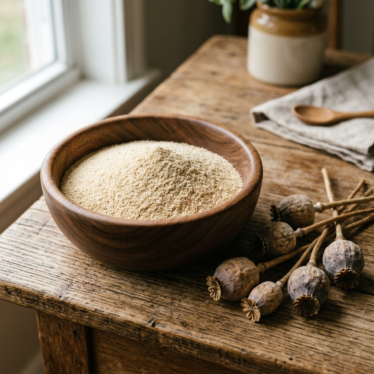 Premium poppy powder for sale displayed in a wooden bowl next to whole dried poppy pods on a rustic wooden surface.