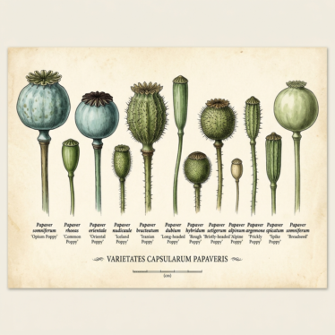 Comparison of papaver pods, dried poppy pod heads, opium poppy pods, and fresh untreated poppy pods.