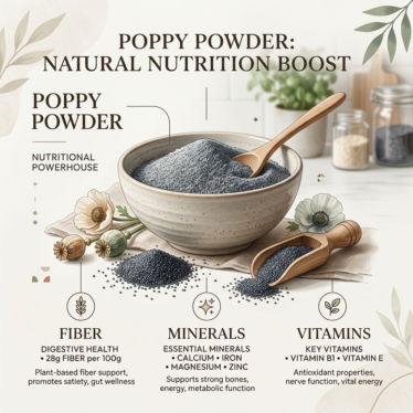Nutritional infographic displaying the calcium, magnesium, zinc, iron, and fiber content found in premium poppy powder.