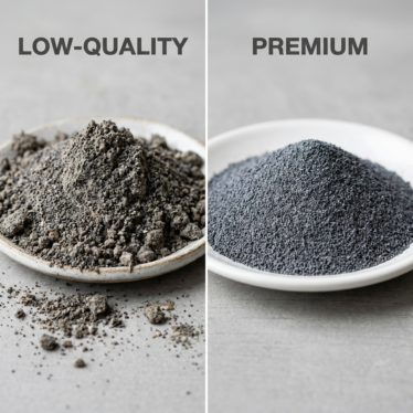 Side-by-side comparison chart showing dull, clumpy low-quality poppy powder next to fine, silky premium poppy powder.