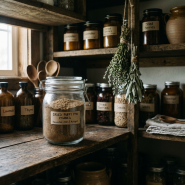 Airtight glass jar of dried poppy pod powder labeled with a date, stored on a cool, dark pantry shelf for freshness.