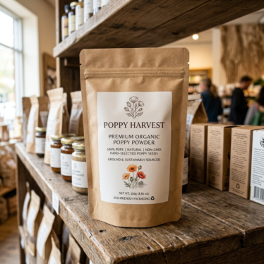 Premium poppy powder for sale in resealable, eco-friendly packaging with clear, professional product labeling on a clean surface.