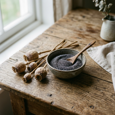 Finely ground poppy powder in a bowl next to dried poppy pods on a wooden surface.