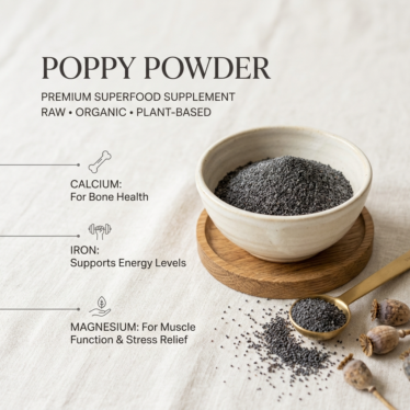 Nutritional profile chart of poppy powder showing calcium, magnesium, zinc, iron, fiber, and omega-6.