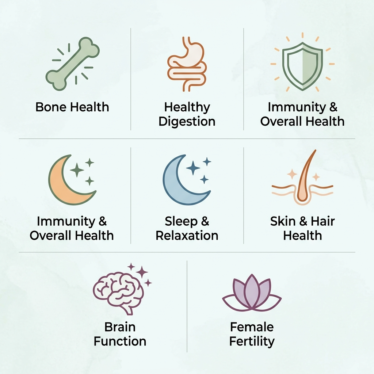Infographic showing seven poppy powder health benefits including bone, digestion, immunity, and sleep support.