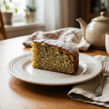 Slice of homemade poppy powder cake with a dusting of poppy powder on a plate.