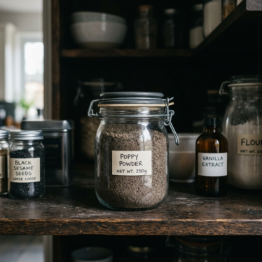 Airtight glass jar of poppy powder stored on a dark pantry shelf with a dated label.