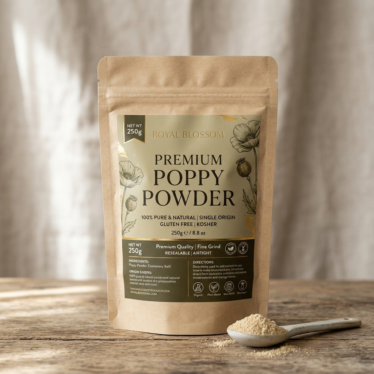 Premium poppy powder in a labeled resealable pouch on a clean surface.