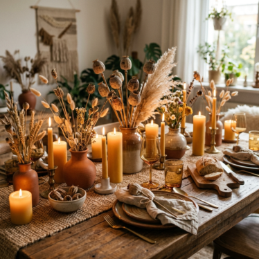 Poppy pod floral arrangement styled on a wedding table with candles and dried grasses.