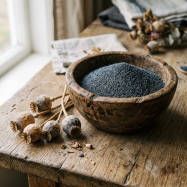 Freshly milled poppy powder in a wooden bowl next to premium dried poppy pods.