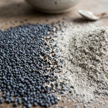 Poppy seeds being ground into fine poppy seed powder.