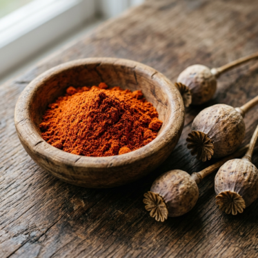 Poppy powder made from dried opium poppy pods showing natural texture and color.