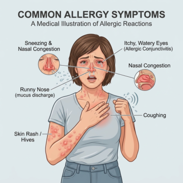 Common allergic reaction symptoms such as itching, rash, and swelling.