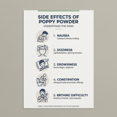 Infographic of poppy powder side effects including nausea, constipation, drowsiness, and respiratory depression.