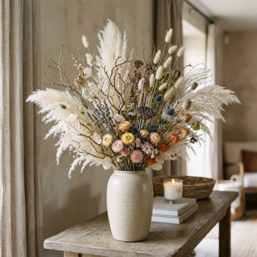 Dried poppy pod heads used in a decorative floral arrangement.