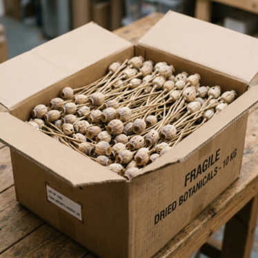 Wholesale dried poppy pods carefully packaged for safe delivery to florists and crafters.