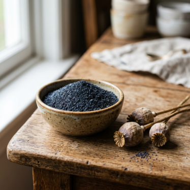 Finely ground poppy powder in a small bowl beside dried poppy pods on a rustic wooden surface