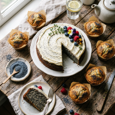 Poppy seed cake, muffins, and a dish of poppy powder in a culinary flatlay of baked goods.