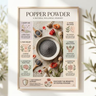 Poster-style wellness image of poppy powder in a bowl with botanical elements, illustrating seven potential health benefits in a clean, minimalist layout.