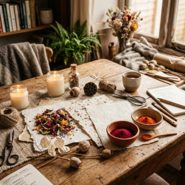 cozy craft table with handmade paper, potpourri, dried pods, and small dishes of poppy powder.