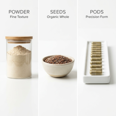 Comparison image of powder vs. seeds vs. pods supplement formats in a clean minimalist layout