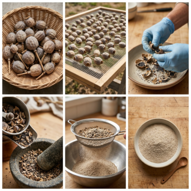 A six-panel realistic photo collage showing poppy pod processing stages: harvested dried pods, pods drying on a work surface, broken pod pieces, coarse grinding, fine sifting, and the finished fine powder displayed in bowls.