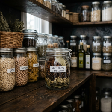 To preserve food freshness, store dry goods in an airtight glass jar in a cool, dark pantry for organized and moisture-safe kitchen storage.