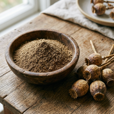 Premium poppy pods powder in a bowl next to whole dried poppy pods.