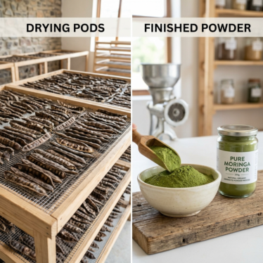 Poppy pods drying on a rack next to finished ground poppy powder.