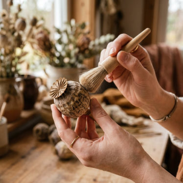 Caring for premium dried poppy pods by gently dusting the crown.
