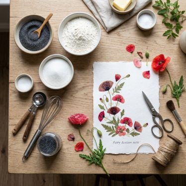 Poppy pods powder shown in culinary baking and decorative floral craft uses.