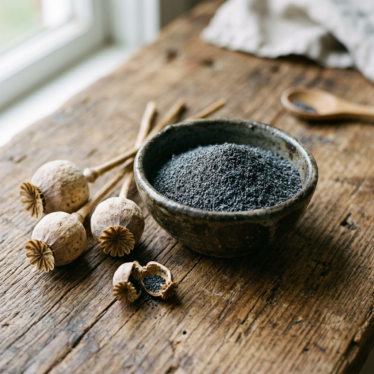 Real poppy powder in a ceramic bowl next to dried poppy pods.