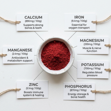 Nutritional profile of real poppy powder showing fiber, calcium, magnesium, and zinc.