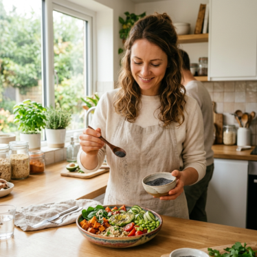 Person sprinkling real poppy powder over a nutritious dish.