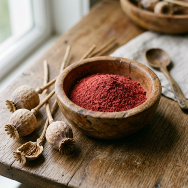 Finely ground red poppy powder in a wooden bowl next to dried poppy pods on a rustic surface.