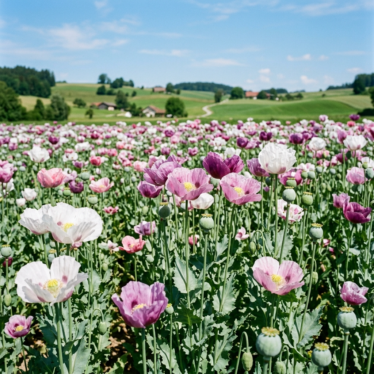 Field of Papaver somniferum poppy flowers with developing seed pods in bright daylight.
