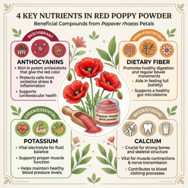 Infographic listing calcium, magnesium, iron, and dietary fiber found in red poppy powder.