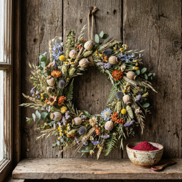 Rustic dried floral wreath with poppy pods and a bowl of red poppy powder for craft use.