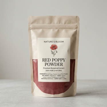 Sealed pouch of red poppy powder with a clear product label ready to purchase.
