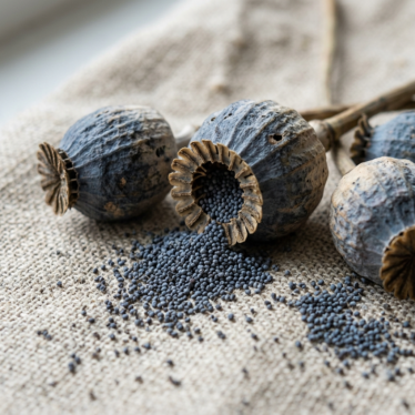 Close-up of ribbed blue poppy capsules and loose blue-gray poppy seeds on natural linen background.