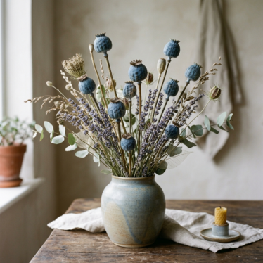 Ceramic vase with blue poppy pods, lavender, and dried foliage styled in a rustic floral arrangement on a wooden table.