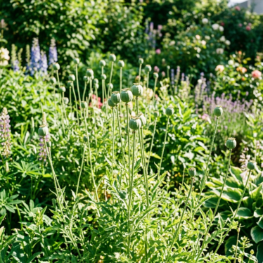 Garden bed of poppy plants with maturing green seed capsules growing in full sun