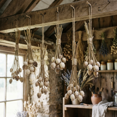 Bundles of poppy capsules hanging upside down to air dry in a rustic farmhouse setting with warm natural light.