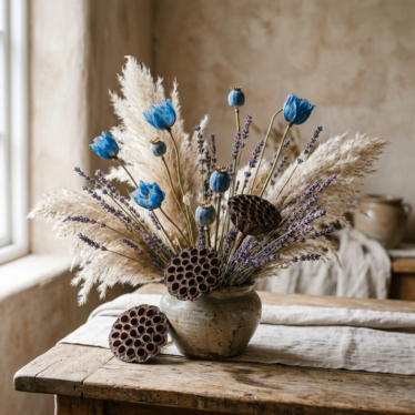 Blue poppy and lavender floral arrangement with pampas grass and lotus pods in a ceramic vase on a wooden table.