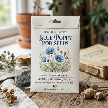 Blue poppy pod seeds packet with species name, grade, and quantity label on premium botanical packaging.