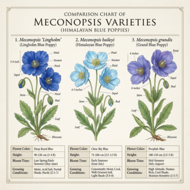 Botanical classification chart comparing Meconopsis betonicifolia, Meconopsis grandis, and Meconopsis sheldonii blue poppy varieties.