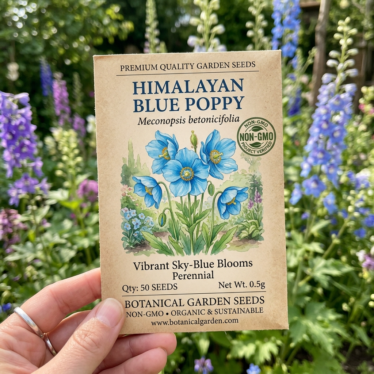 Non-GMO blue poppy flower seeds packet labeled Meconopsis betonicifolia ready for planting.