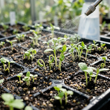 Blue poppy seeds for planting germinating in a seed tray using surface sowing and fine-mist watering technique.