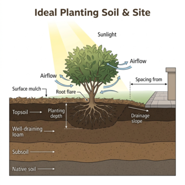 Site selection diagram for planting blue poppy flower seeds showing dappled shade, moist soil, and drainage layers.